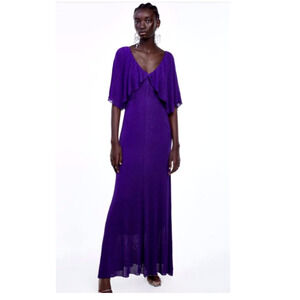 Zara Cape Formal Maxi Dress Womens M Purple Glimmer Stretch Cocktail Deep V-Neck